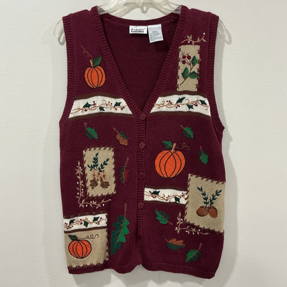 Vtg 90s Fall Autumn Knit Sweater Vest Maroon Harvest Pumpkin Halloween Medium